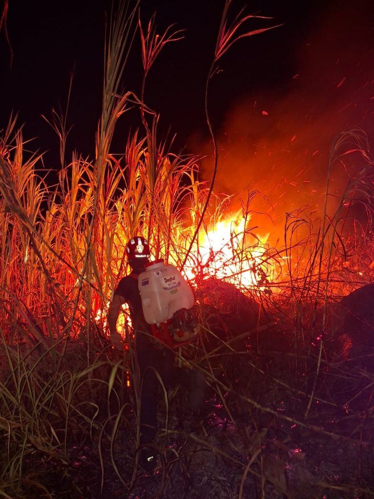 Unidad bomberil realiza labores de control cerca de las llamas.