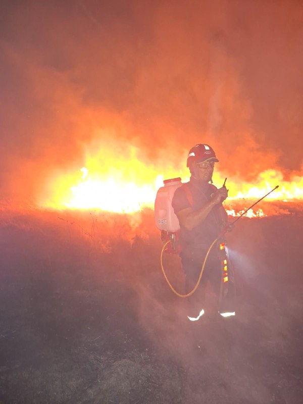 Unidad bomberil con motor de espalda atiende un incendio forestal nocturno.