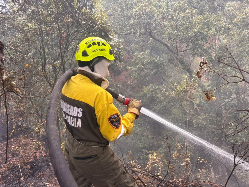 Unidad del Cuerpo de Bomberos Voluntarios de Chocontá realiza labores de enfriamiento con una línea de manguera sobre la vegetación afectada por el incendio.