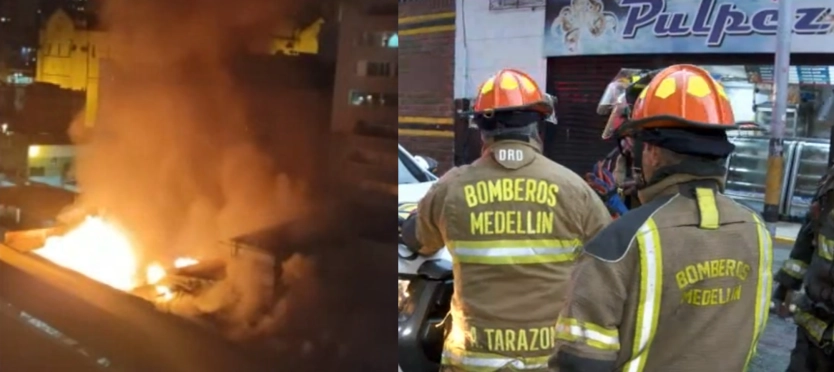 oto unida Bomberos en operatividad en la emergencia y vista aérea del incendio Estructural